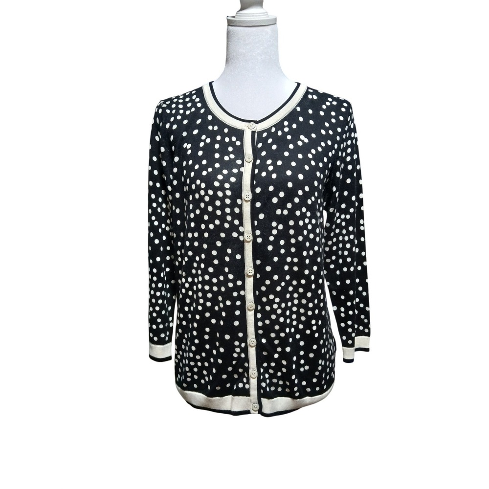 Talbots Petite PM Polka DotCardigan Sweater Black White Button Front CottonBlend